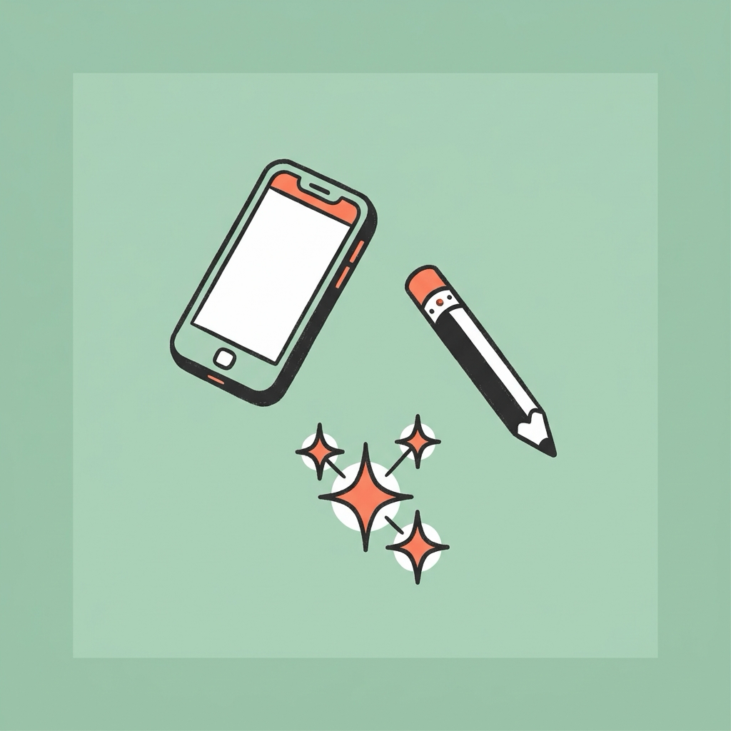 Motif of a phone, pencil, and AI spark for the studio