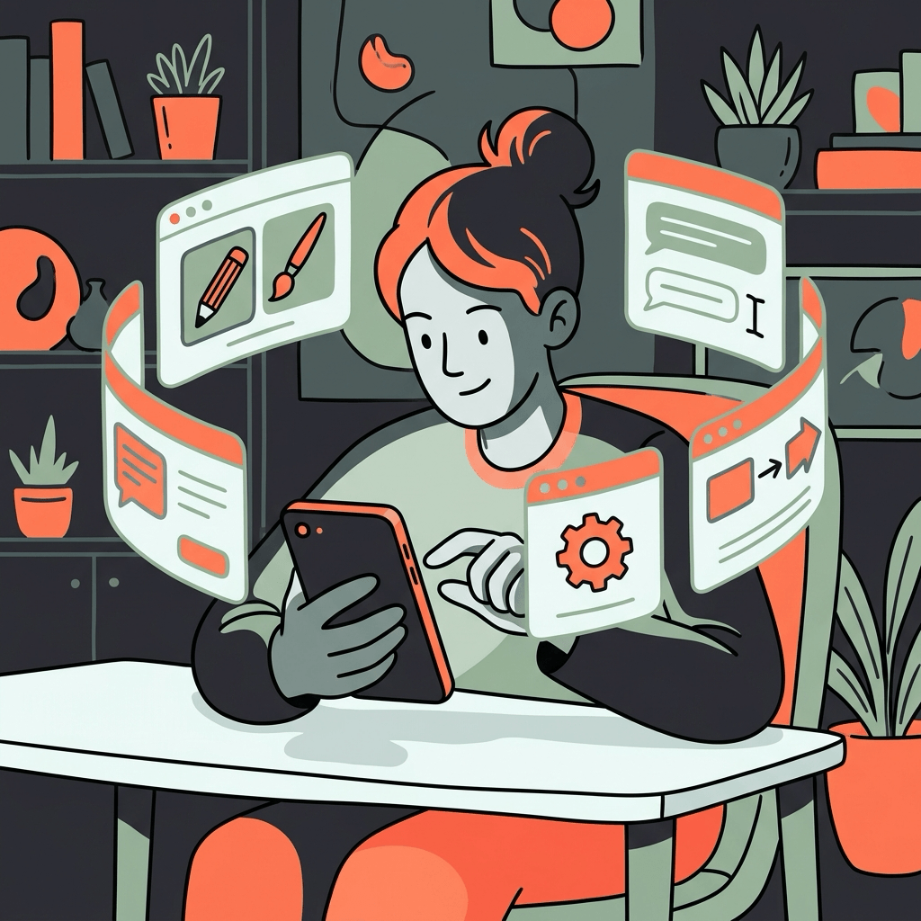 Illustration of a developer building AI tools in a personal studio